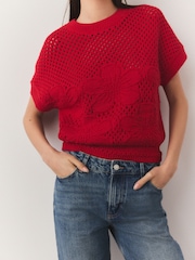 Red 100% Cotton Floral Crochet Short Sleeve Top - Image 5 of 8