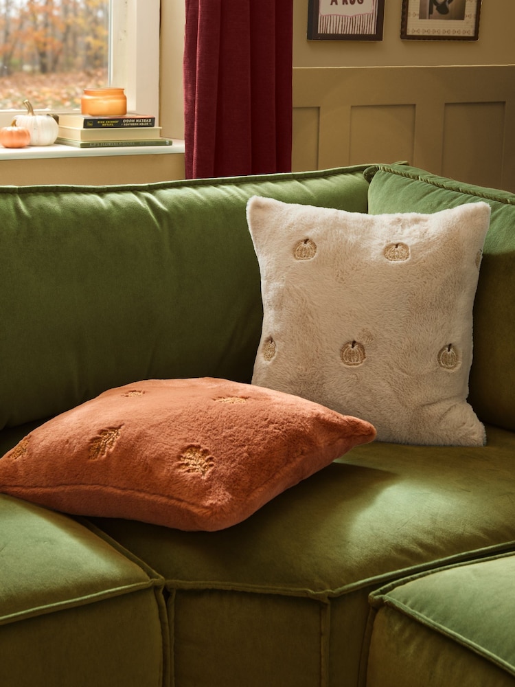 Furn Natural Autumn Pumpkins Embroidered Faux Fur Fibre Cushion - Image 2 of 5 Furn Natural Autumn Pumpkins Embroidered Faux Fur Fibre Cushion - Image 2 of 5