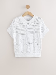 White 100% Cotton Floral Crochet Short Sleeve Top - Image 1 of 3