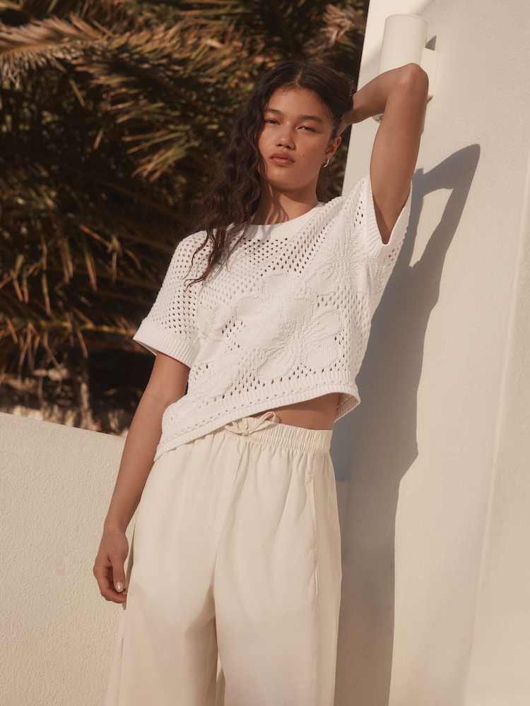 White 100% Cotton Floral Crochet Short Sleeve Top - Image 1 of 7 White 100% Cotton Floral Crochet Short Sleeve Top - Image 1 of 7