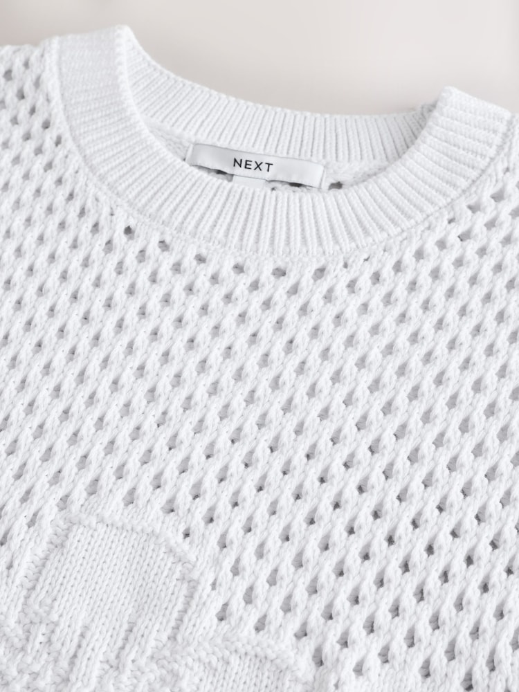 White 100% Cotton Floral Crochet Short Sleeve Top - Image 2 of 3