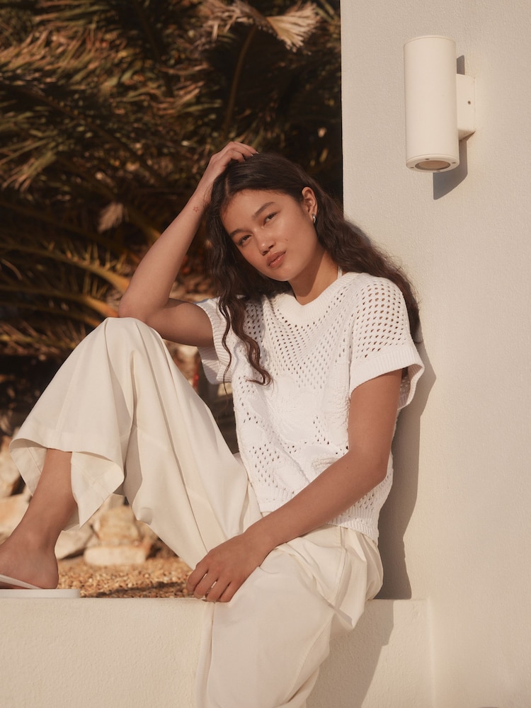 White 100% Cotton Floral Crochet Short Sleeve Top - Image 2 of 7 White 100% Cotton Floral Crochet Short Sleeve Top - Image 2 of 7