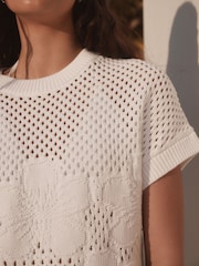 White 100% Cotton Floral Crochet Short Sleeve Top - Image 4 of 7