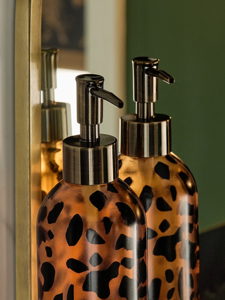 Set of 2 Brown Animal Print Resin Reusable Dispenser Bottles - Image 2 of 3 Set of 2 Brown Animal Print Resin Reusable Dispenser Bottles - Image 2 of 3