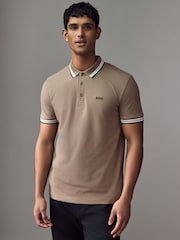 BOSS Brown Tipped Paddy 100% Cotton Polo Shirt - Image 1 of 4