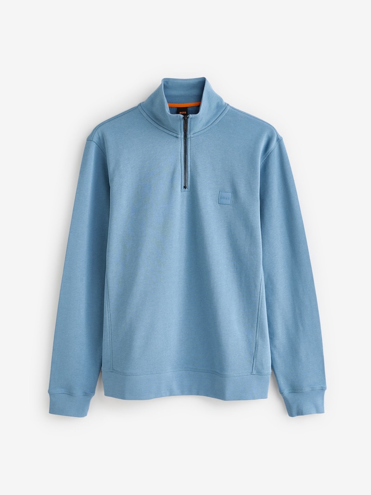 BOSS Dark Blue Logo Patch Terry 100% Cotton Zip Neck Jersey Sweatshirt - Image 1 of 1 BOSS Dark Blue Logo Patch Terry 100% Cotton Zip Neck Jersey Sweatshirt - Image 1 of 1