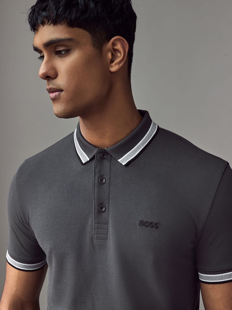 BOSS Grey Tipped Paddy 100% Cotton Polo Shirt - Image 3 of 4