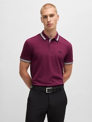 BOSS Burgundy Tipped Paddy 100% Cotton Polo Shirt - Image 1 of 5