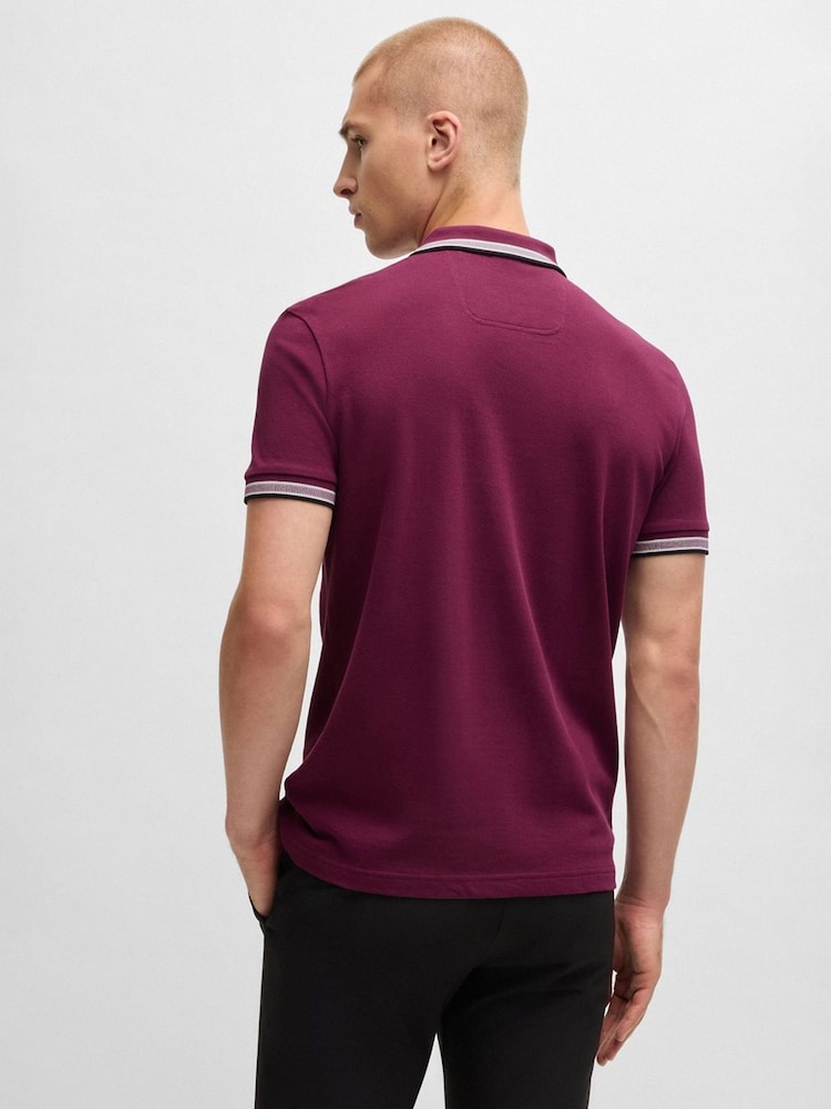 BOSS Burgundy Tipped Paddy 100% Cotton Polo Shirt - Image 2 of 5