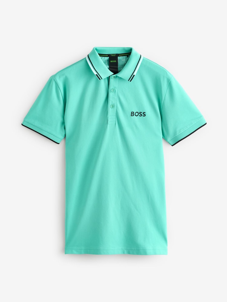 BOSS Turquoise Golf Paddy Pro Stripe Detail Polo Shirt - Image 4 of 4
