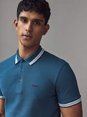 BOSS Blue Chrome Tipped Paddy 100% Cotton Polo Shirt - Image 3 of 4