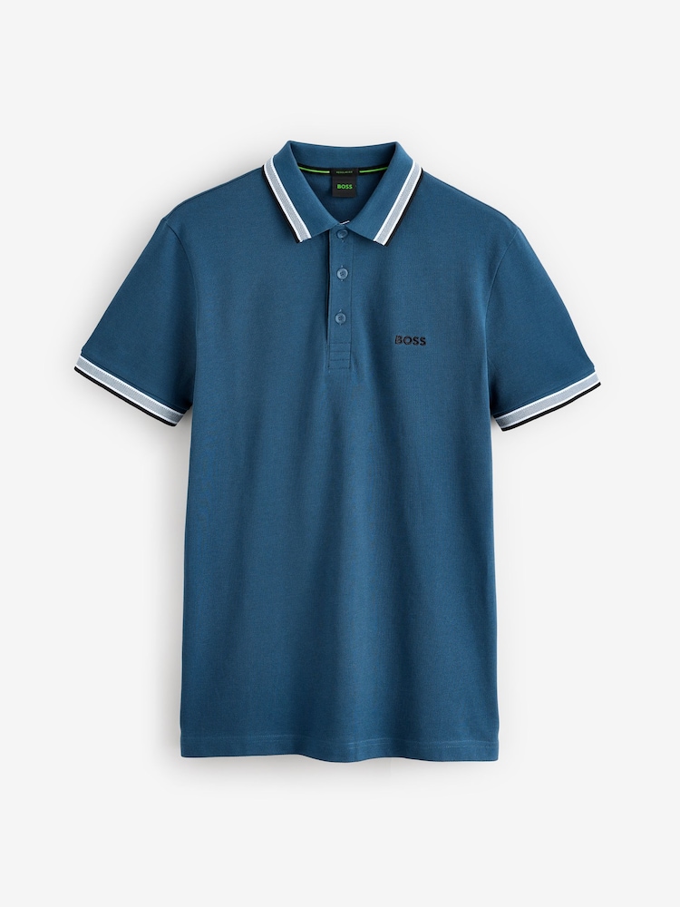 BOSS Blue Chrome Tipped Paddy 100% Cotton Polo Shirt - Image 4 of 4