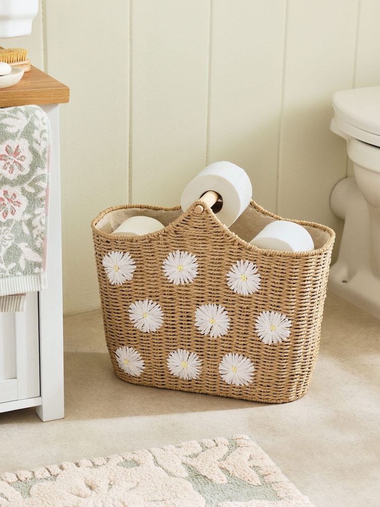 Natural Daisy Woven Toilet Roll Holder and Storage Set - Image 1 of 5