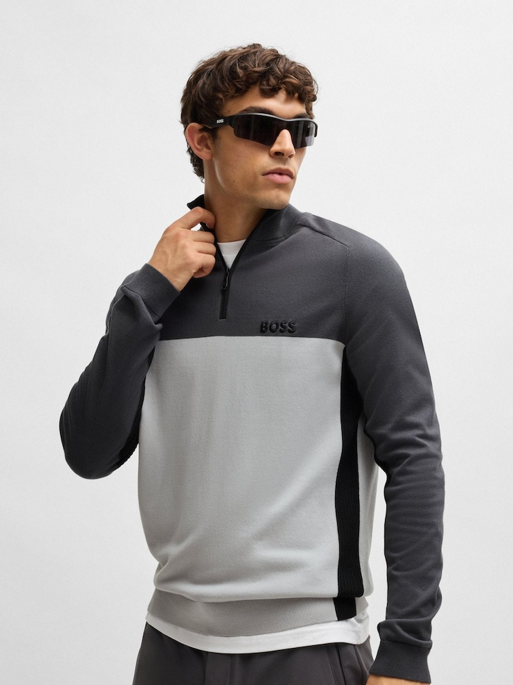 BOSS Grey Hydro-X Colour Block Zip Neck Jumper - Image 1 of 5