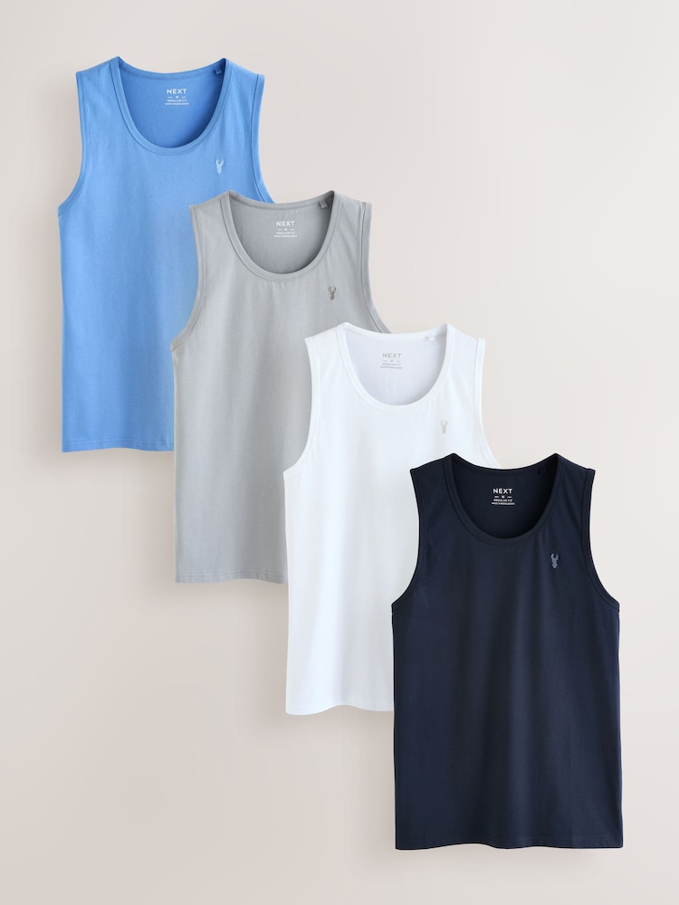 White/Grey/Navy/Blue Regular Fit 100% Cotton Vests 4 Pack - Image 1 of 14