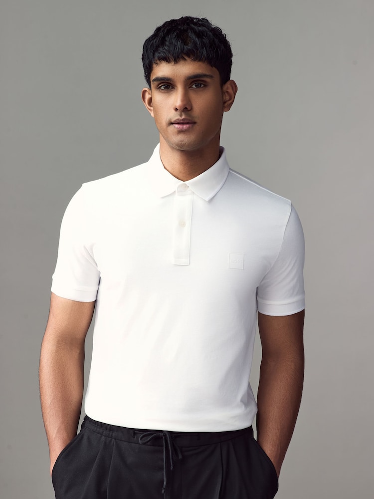 BOSS White Passertip Logo Patch Slim Fit Pique Polo Shirt - Image 1 of 4