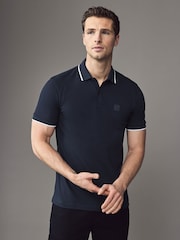 BOSS Blue Chrome Passertip Logo Patch Slim Fit Pique Polo Shirt - Image 1 of 4
