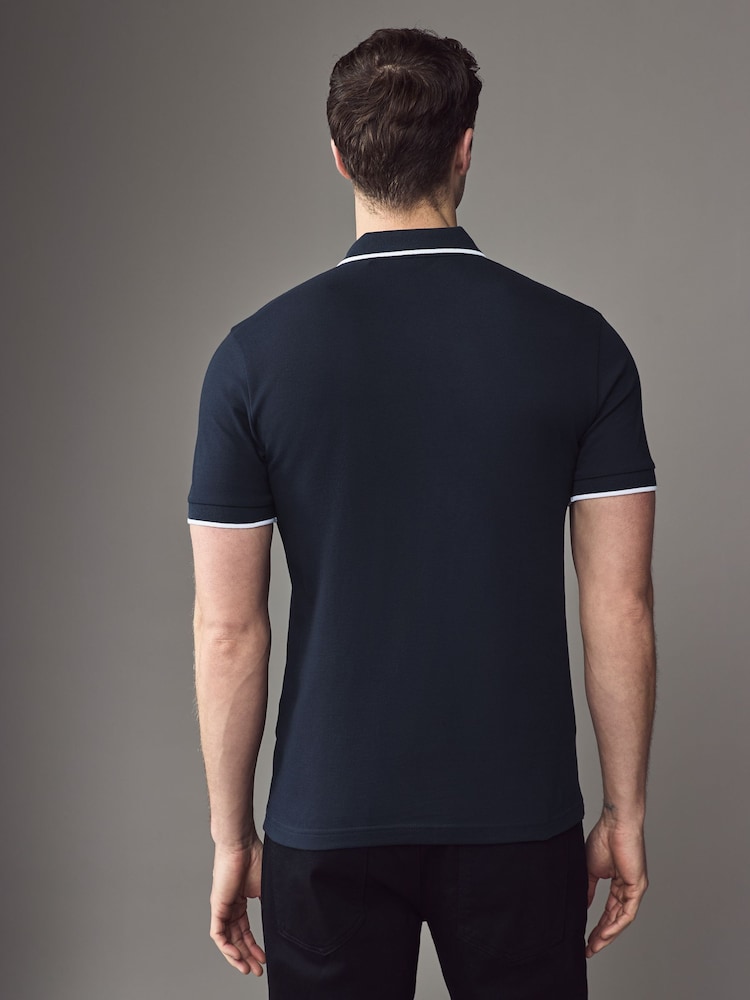 BOSS Blue Chrome Passertip Logo Patch Slim Fit Pique Polo Shirt - Image 2 of 4