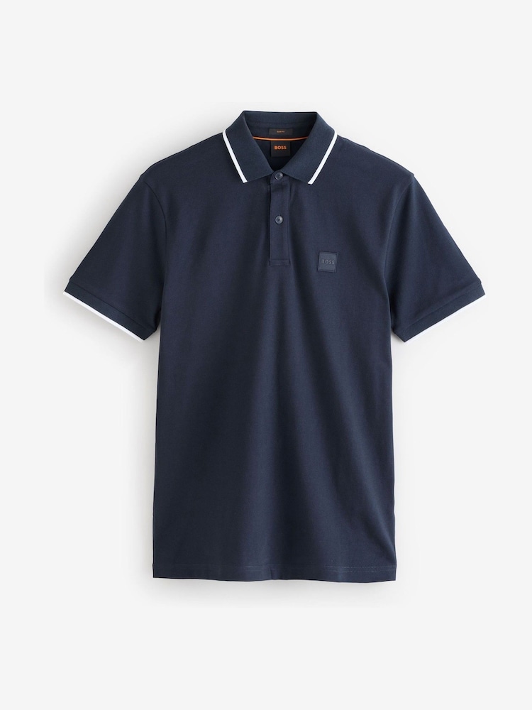 BOSS Blue Chrome Passertip Logo Patch Slim Fit Pique Polo Shirt - Image 4 of 4