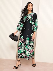 Friends Like These Black Satin 3/4 Puff Sleeve Midi Dress - Image 1 of 5