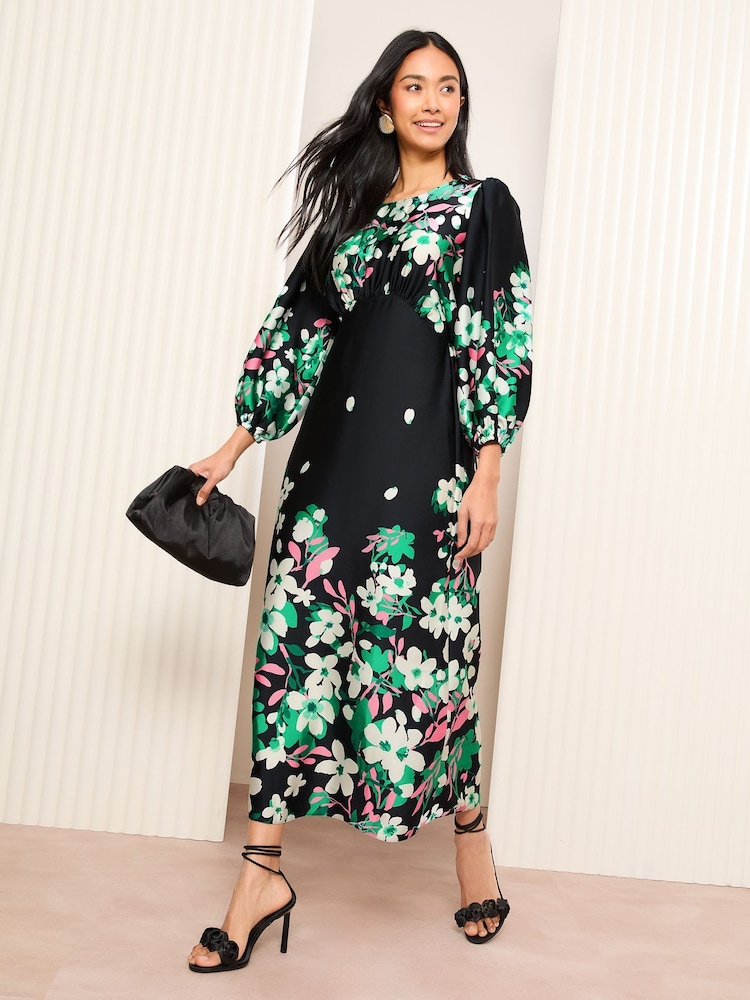 Friends Like These Black Satin 3/4 Puff Sleeve Midi Dress - Image 1 of 5