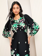 Friends Like These Black Satin 3/4 Puff Sleeve Midi Dress - Image 2 of 5