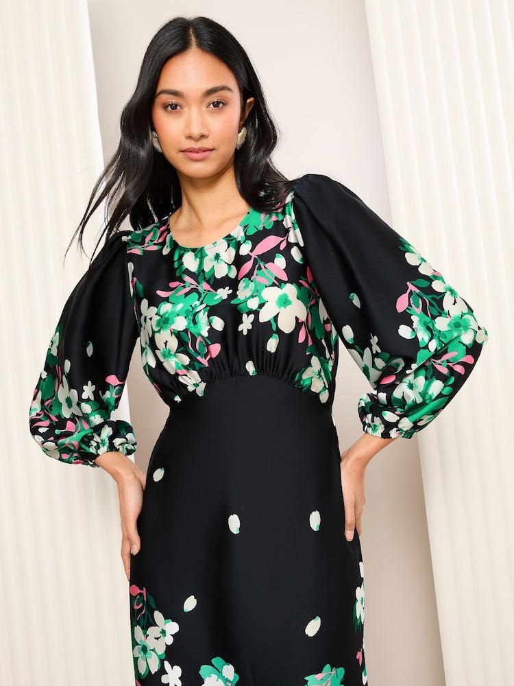 Friends Like These Black Satin 3/4 Puff Sleeve Midi Dress - Image 2 of 5
