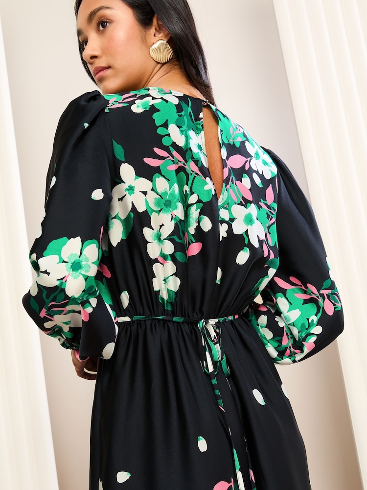 Friends Like These Black Satin 3/4 Puff Sleeve Midi Dress - Image 3 of 5