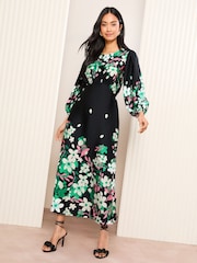 Friends Like These Black Satin 3/4 Puff Sleeve Midi Dress - Image 4 of 5