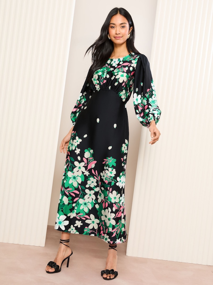 Friends Like These Black Satin 3/4 Puff Sleeve Midi Dress - Image 4 of 5