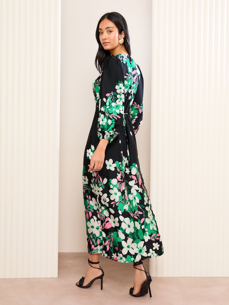 Friends Like These Black Satin 3/4 Puff Sleeve Midi Dress - Image 5 of 5