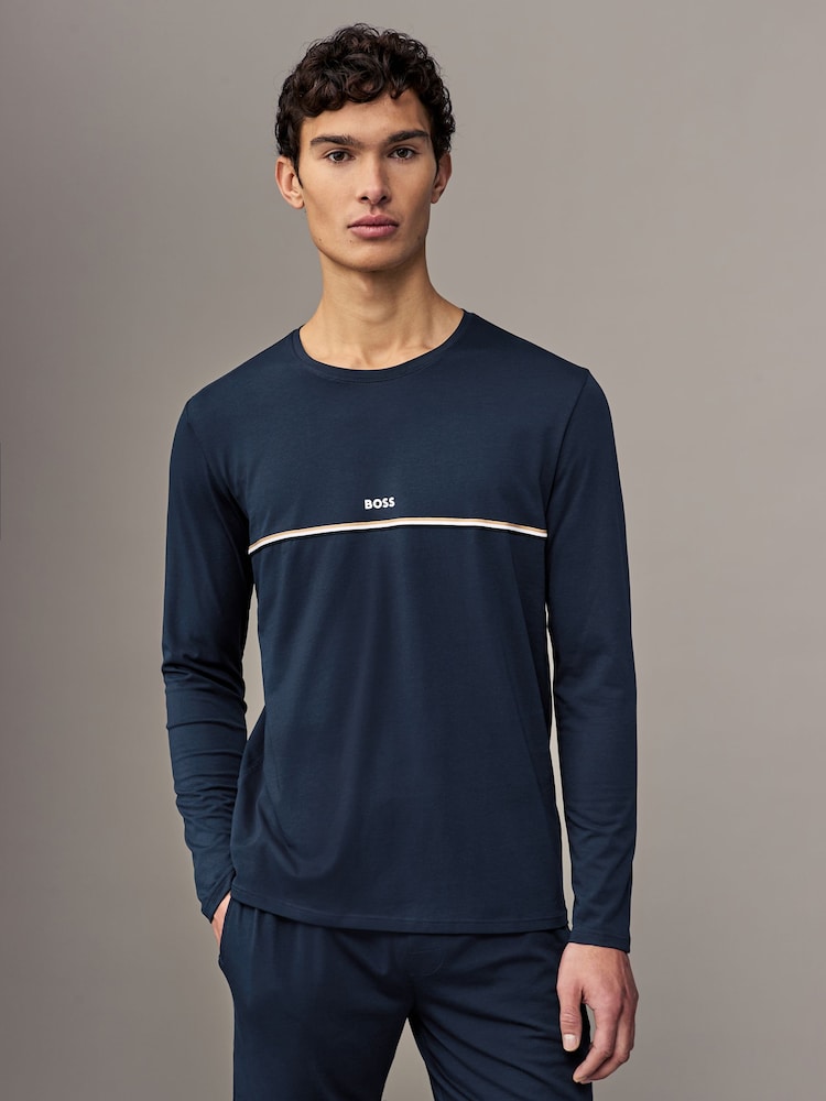 BOSS Blue Signature Stripe Logo Long Sleeve T-Shirt - Image 1 of 4 BOSS Blue Signature Stripe Logo Long Sleeve T-Shirt - Image 1 of 4