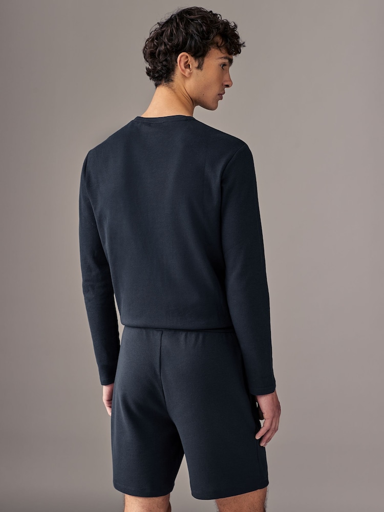 BOSS Navy Blue Waffle Structure Cotton Shorts - Image 2 of 4