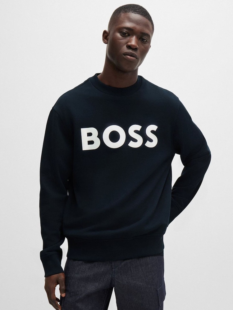 BOSS Blue Rubber Logo Relaxed Fit Terry Jersey Sweatshirt - Image 1 of 5 BOSS Blue Rubber Logo Relaxed Fit Terry Jersey Sweatshirt - Image 1 of 5