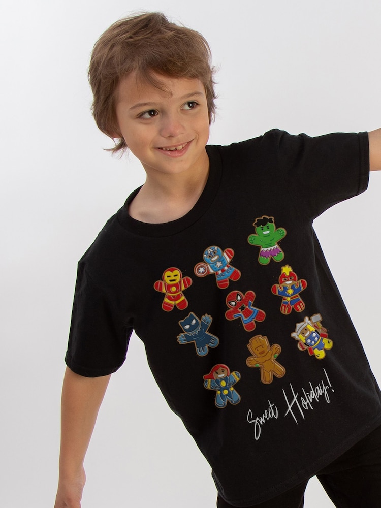 Brands In Black Boys Marvel Gingerbread Christmas Avengers 100% Cotton T-Shirt - Image 1 of 4