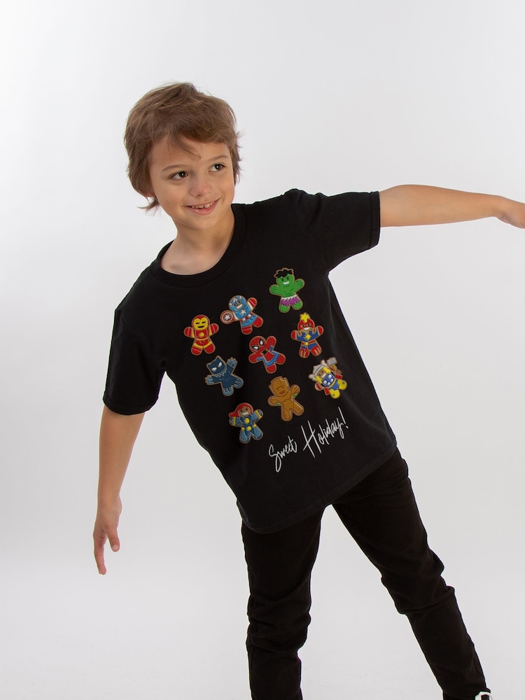Brands In Black Boys Marvel Gingerbread Christmas Avengers 100% Cotton T-Shirt - Image 2 of 4