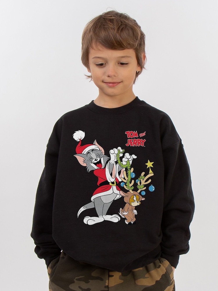 Brands In Black Boys Tom and Jerry Reindeer Christmas Sweatshirt - Image 1 of 4