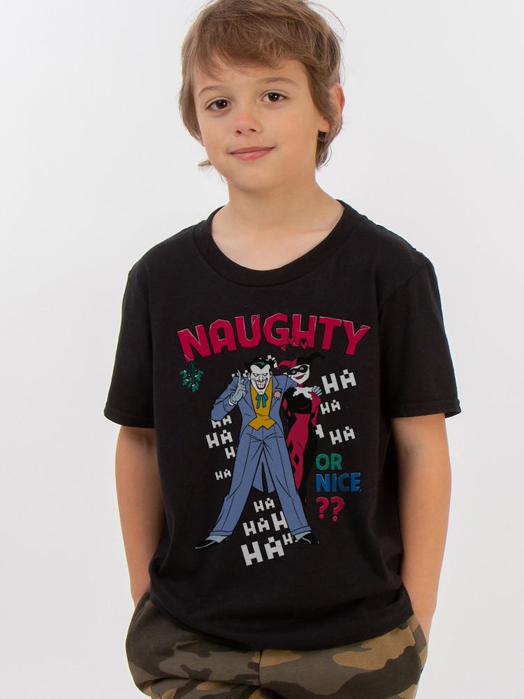 Brands In Black Boys DC Comics The Joker Naughty Or Nice 100% Cotton Christmas T-Shirt - Image 1 of 4