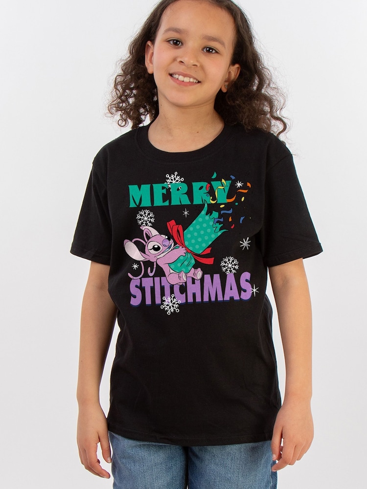 Brands In Black Girls Disney Lilo and Stitch Angel Merry Christmas Stitchmas 100% Cotton T-Shirt - Image 1 of 4