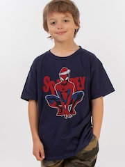 Brands In Blue Boys Marvel Spider-Man Christmas Hat 100% Cotton T-Shirt - Image 1 of 4