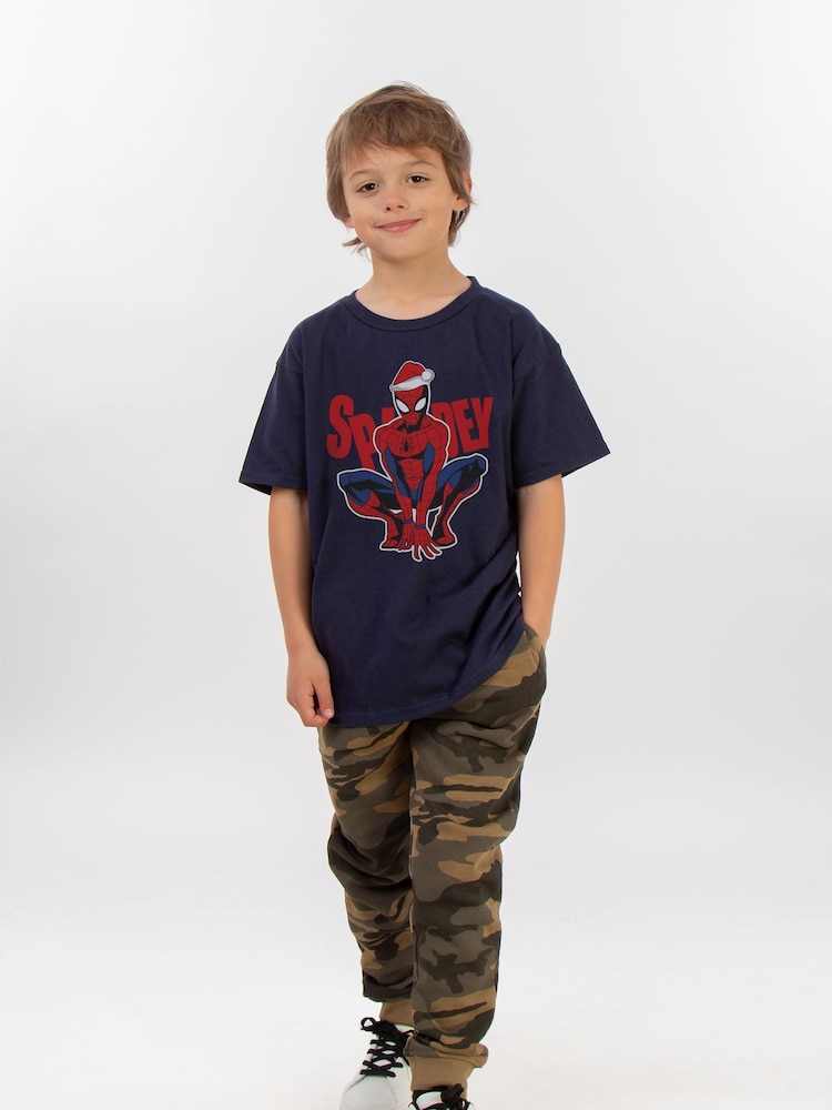 Brands In Blue Boys Marvel Spider-Man Christmas Hat 100% Cotton T-Shirt - Image 2 of 4