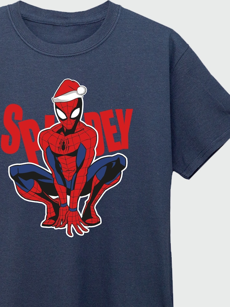 Brands In Blue Boys Marvel Spider-Man Christmas Hat 100% Cotton T-Shirt - Image 4 of 4