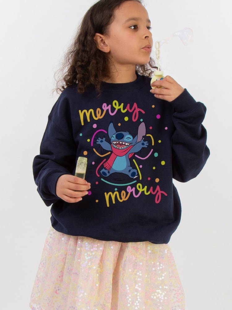 Brands In Blue Disney Lilo & Stitch Merry Christmas Rainbow Girls Sweatshirt - Image 1 of 4