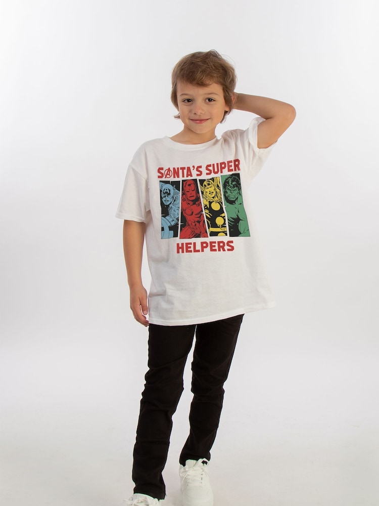Brands In White Boys Marvel Avengers Santa Christmas Super Helpers 100% Cotton T-Shirt - Image 2 of 4