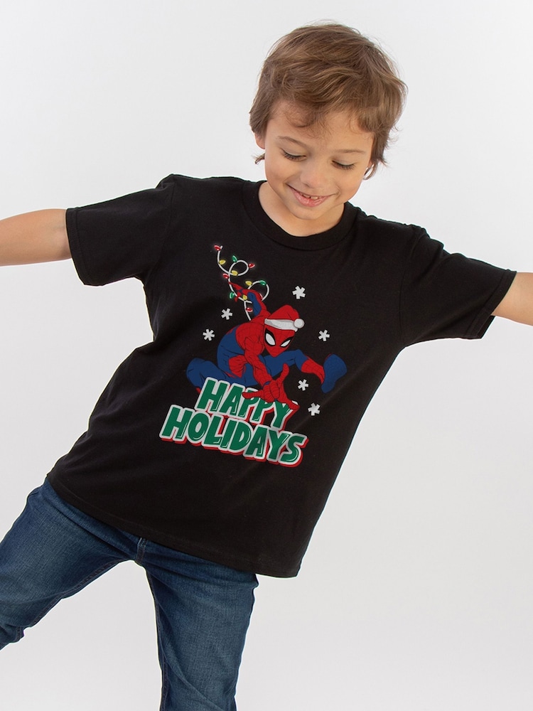 Brands In Black Marvel Spider-Man Happy Holidays Boys 100% Cotton Christmas T-Shirt - Image 1 of 4 Brands In Black Marvel Spider-Man Happy Holidays Boys 100% Cotton Christmas T-Shirt - Image 1 of 4