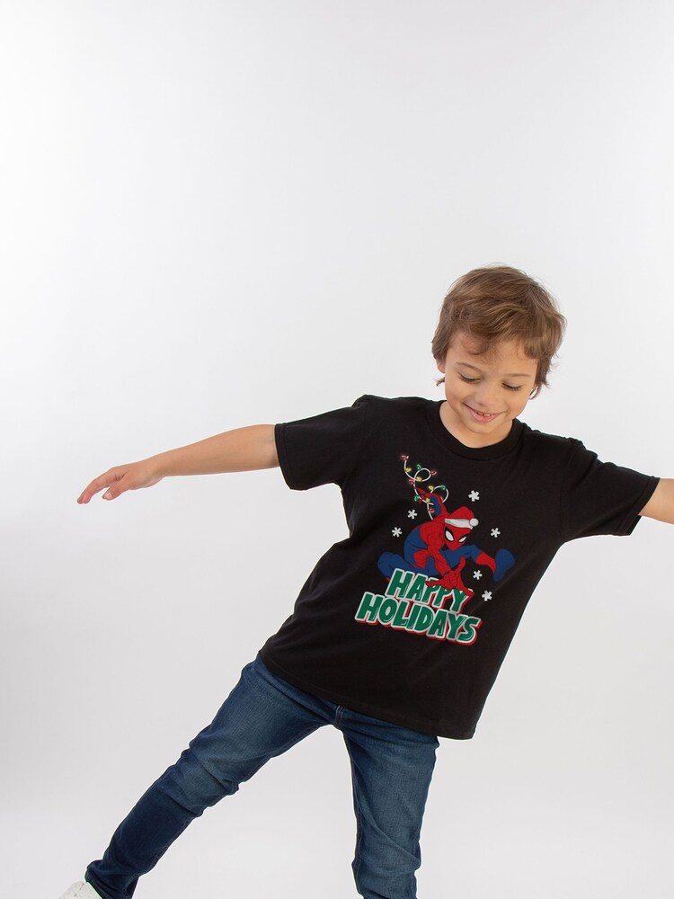 Brands In Black Marvel Spider-Man Happy Holidays Boys 100% Cotton Christmas T-Shirt - Image 2 of 4
