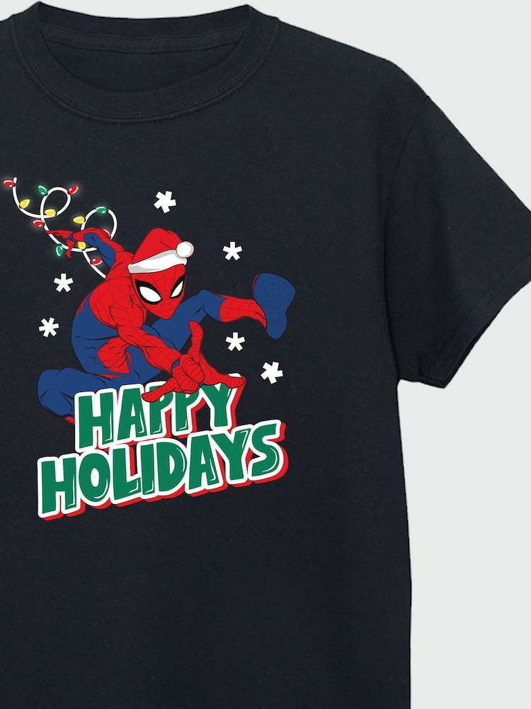 Brands In Black Marvel Spider-Man Happy Holidays Boys 100% Cotton Christmas T-Shirt - Image 4 of 4