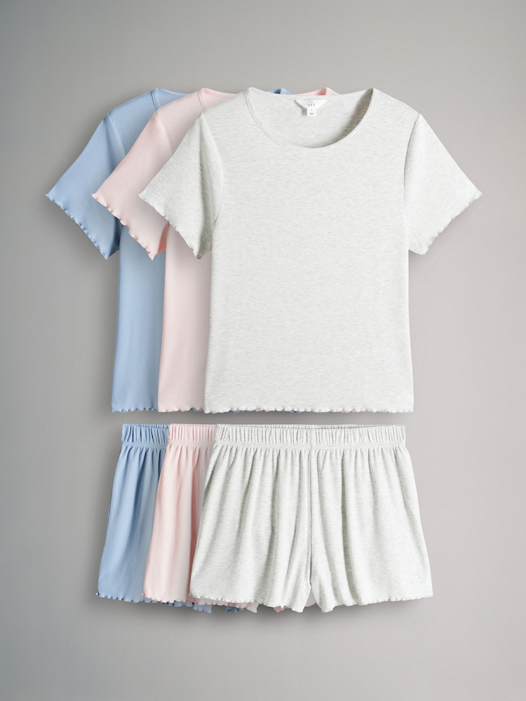 The Set Grey Marl/Pink/Blue 3 Pack Ribbed Pyjamas - Image 1 of 14