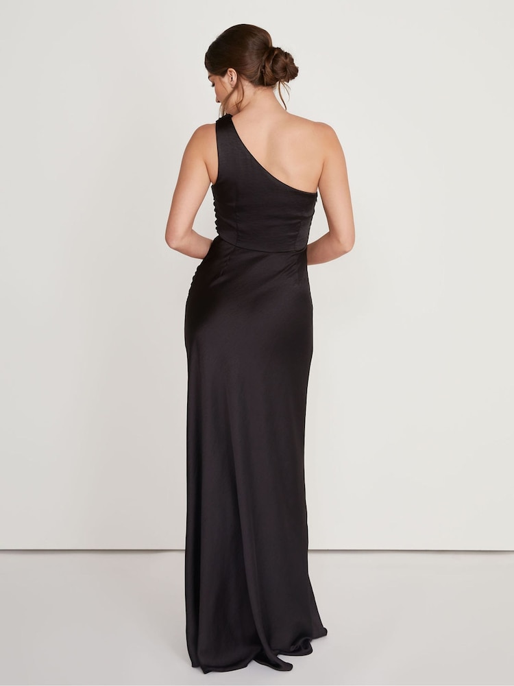 Six Stories Black One Shoulder Satin Ruched Bridesmaid Dress - Image 2 of 5