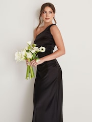 Six Stories Black One Shoulder Satin Ruched Bridesmaid Dress - Image 3 of 5